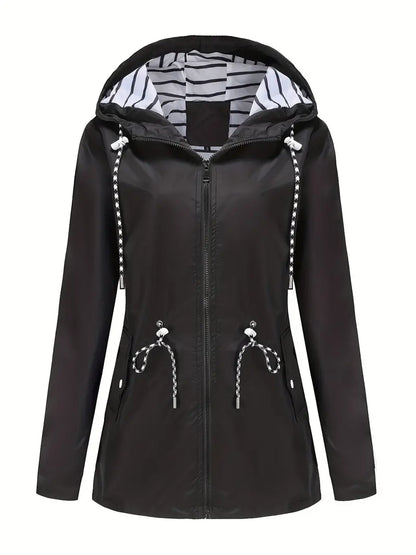 Women’s Rain Jacket – Waterproof – Tailored Fit – Hooded – Adjustable Waist – Zipper Front