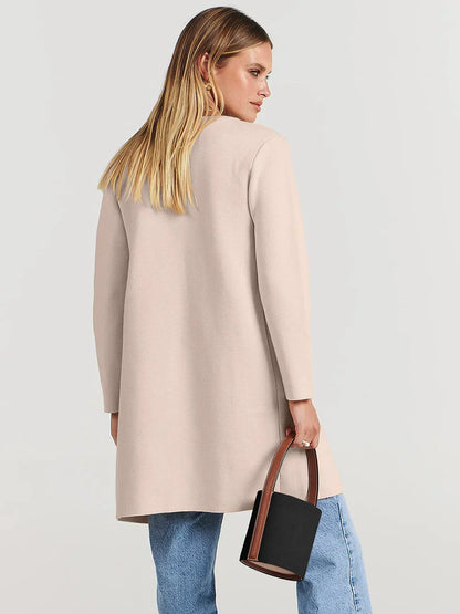 Women’s Knee-Length Coat – Wool Blend – Relaxed Fit – Open Front – Wide Lapel