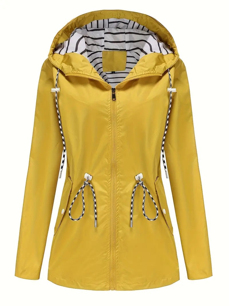 Women’s Rain Jacket – Waterproof – Tailored Fit – Hooded – Adjustable Waist – Zipper Front