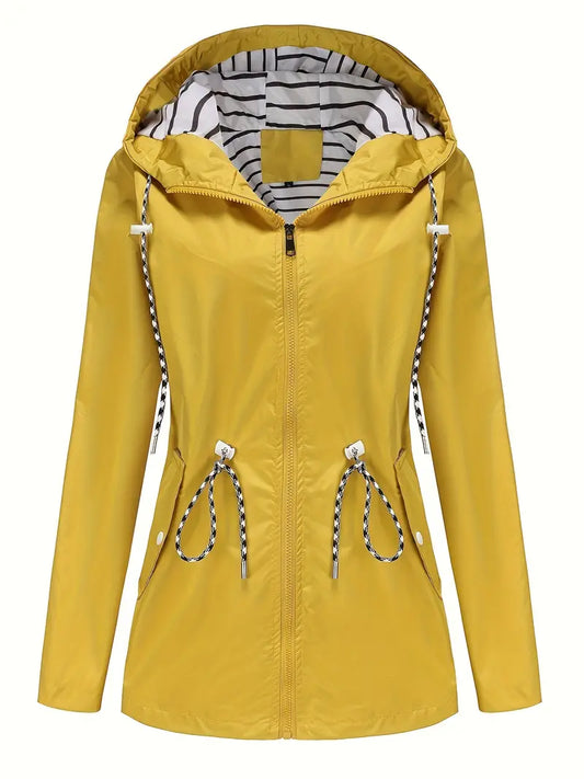 Women’s Rain Jacket – Waterproof – Tailored Fit – Hooded – Adjustable Waist – Zipper Front