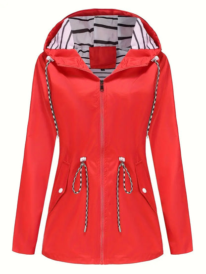 Women’s Rain Jacket – Waterproof – Tailored Fit – Hooded – Adjustable Waist – Zipper Front