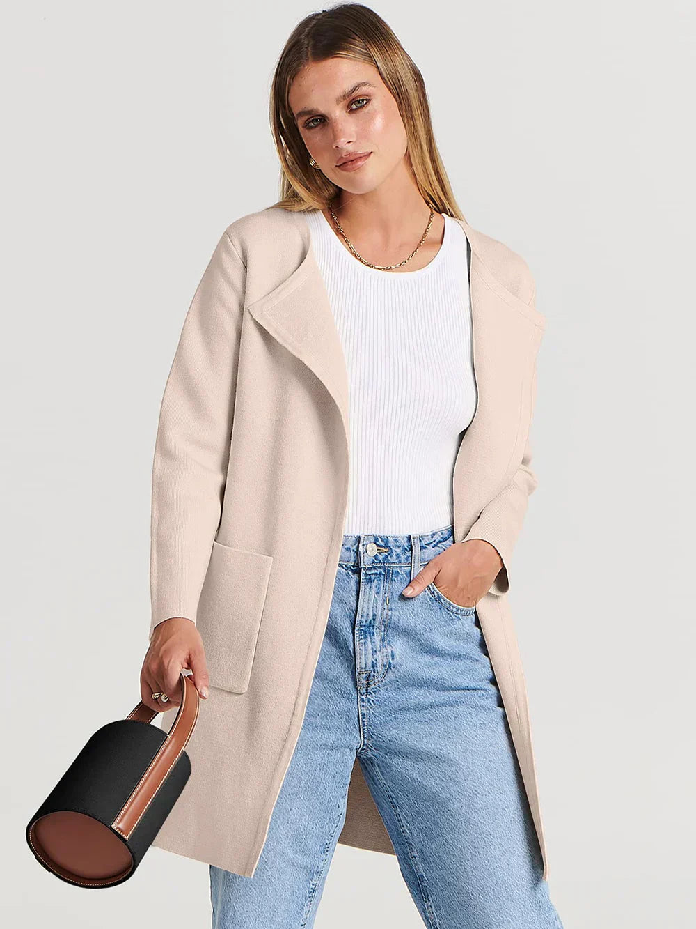 Women’s Knee-Length Coat – Wool Blend – Relaxed Fit – Open Front – Wide Lapel