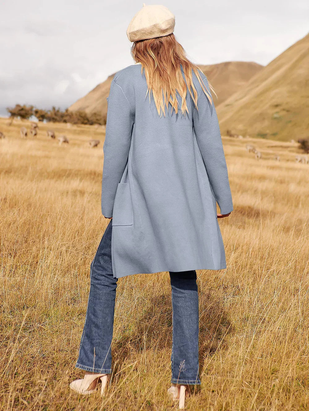 Women’s Knee-Length Coat – Wool Blend – Relaxed Fit – Open Front – Wide Lapel