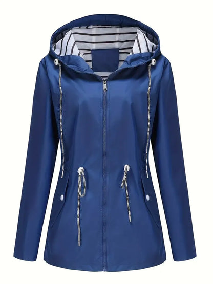 Women’s Rain Jacket – Waterproof – Tailored Fit – Hooded – Adjustable Waist – Zipper Front