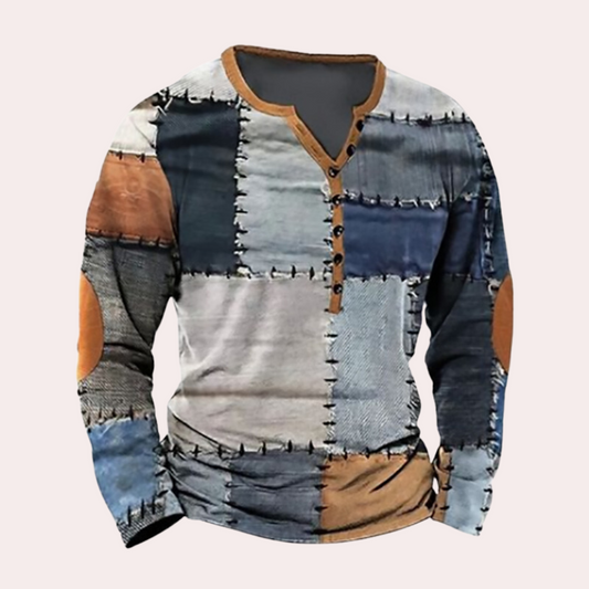 Men’s Sweater – Regular Fit – Cotton Blend – Patchwork Design – Button Neck – Elbow Patches