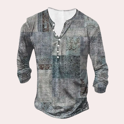 Men’s Sweater – Regular Fit – Cotton Blend – Patchwork Design – Button Neck – Elbow Patches
