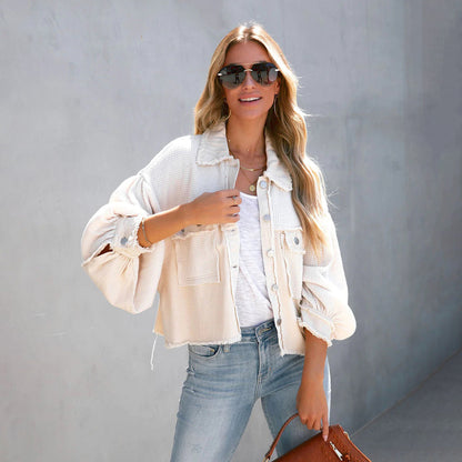 Women’s Jacket – Relaxed Fit – Waffle Knit Texture – Cropped Length – Balloon Sleeves