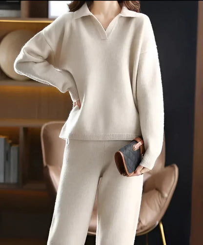 Women’s Loungewear Set – Knit V-Neck Sweater – Relaxed Fit – Straight Leg Pants