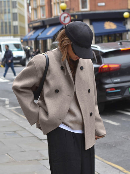 Women’s Wool Jacket – Structured Fit – Stand-Up Collar – Double-Breasted – Hip Length