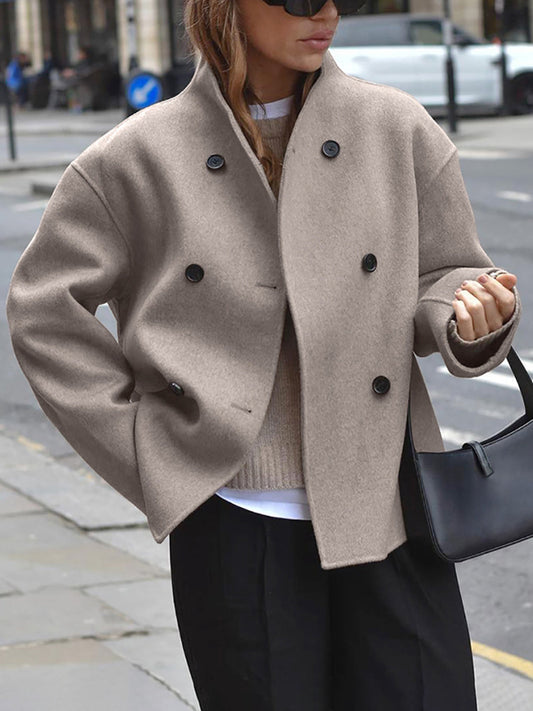 Women’s Wool Jacket – Structured Fit – Stand-Up Collar – Double-Breasted – Hip Length