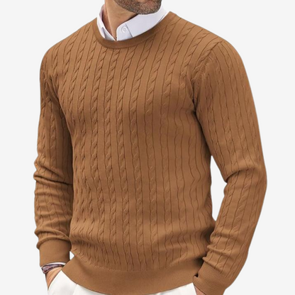 Men’s Sweater – Wool Blend – Tailored Fit – Crew Neck Cable Knit Long Sleeve