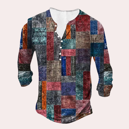 Men’s Sweater – Regular Fit – Cotton Blend – Patchwork Design – Button Neck – Elbow Patches