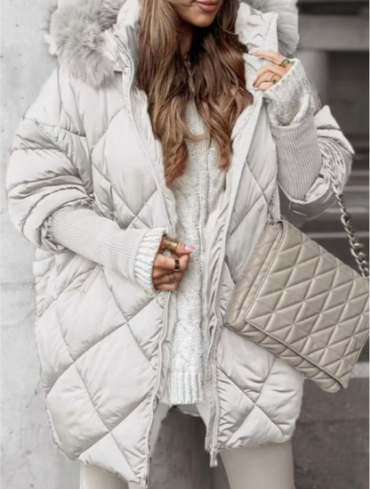 Women’s Puffer Coat – Oversized Fit – Diamond Quilted – Faux Fur Hood – Mid Length