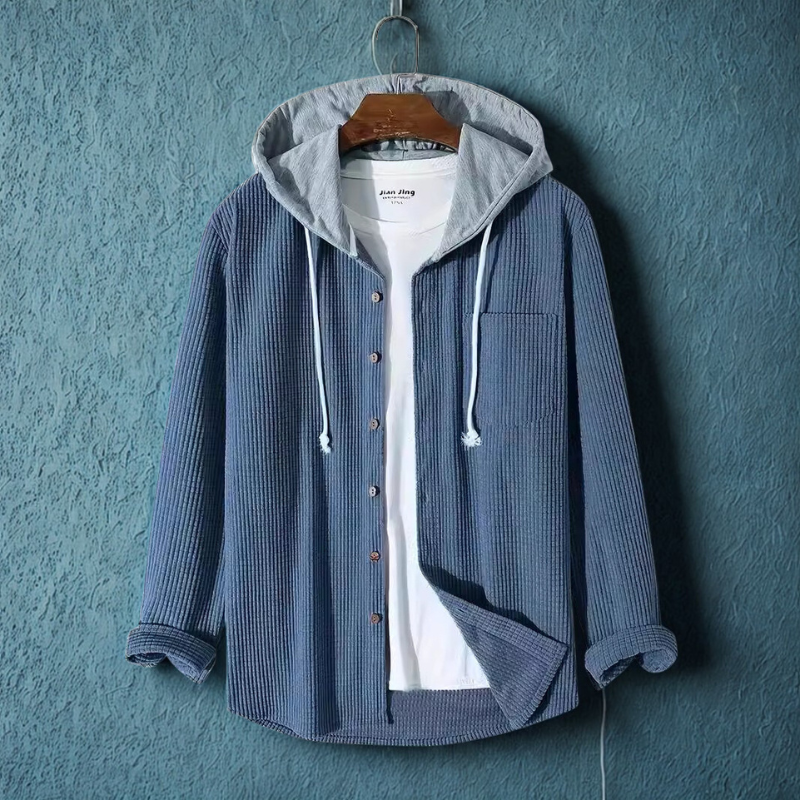 Men’s Hooded Jacket – Corduroy Fabric – Oversized Fit – Button-Up with Chest Pocket