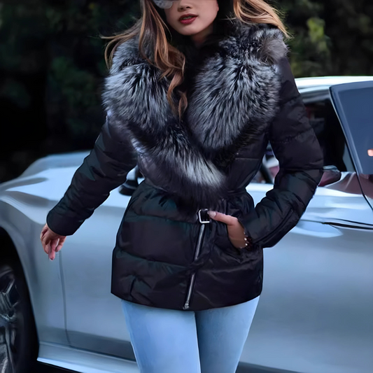 Women’s Quilted Jacket – Relaxed Fit – Oversized Fur Collar – Belted Mid-Length Style