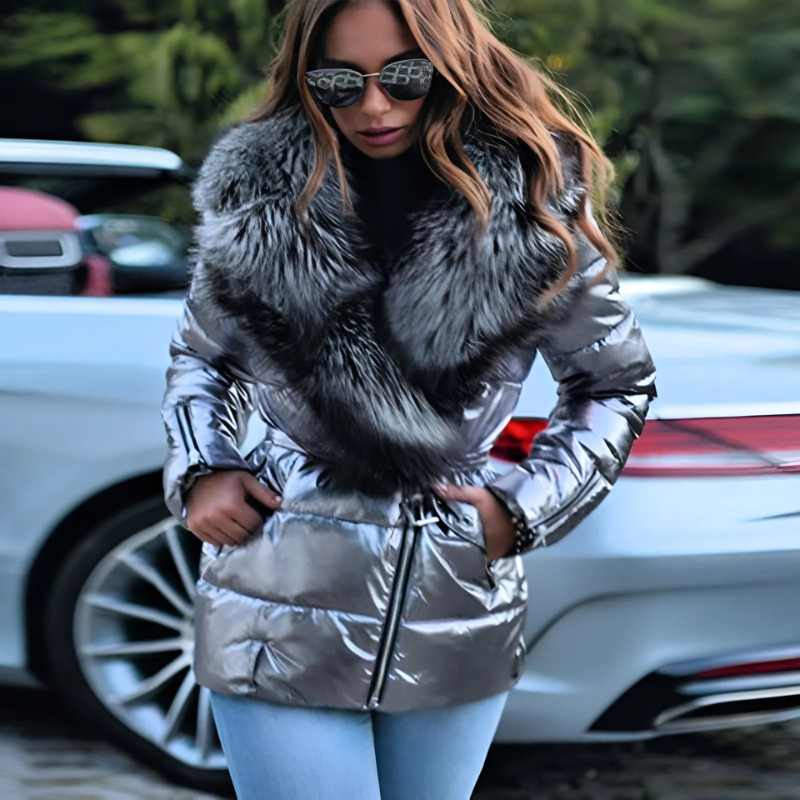 Women’s Quilted Jacket – Relaxed Fit – Oversized Fur Collar – Belted Mid-Length Style