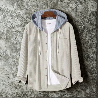 Men’s Hooded Jacket – Corduroy Fabric – Oversized Fit – Button-Up with Chest Pocket