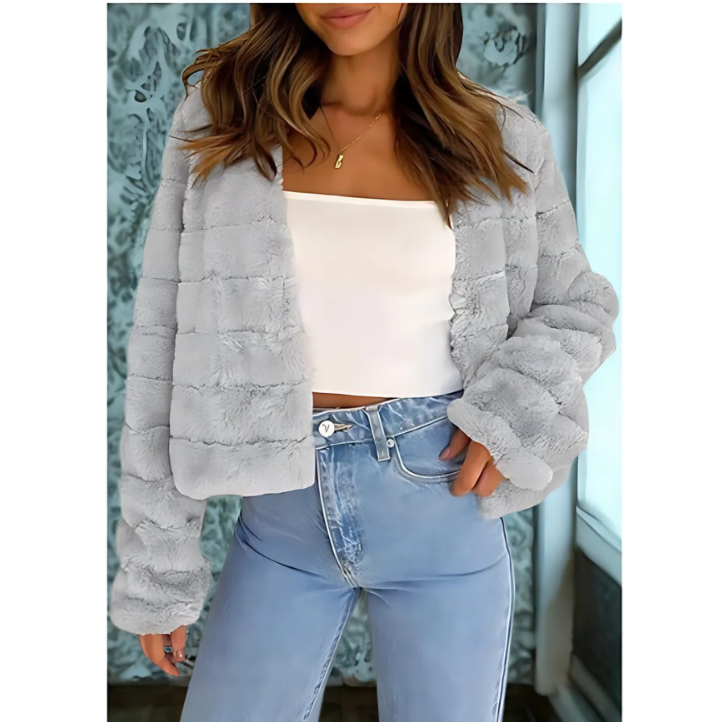 Women’s Cropped Jacket – Faux Fur – Relaxed Fit – Open Front – Long Sleeve – Textured