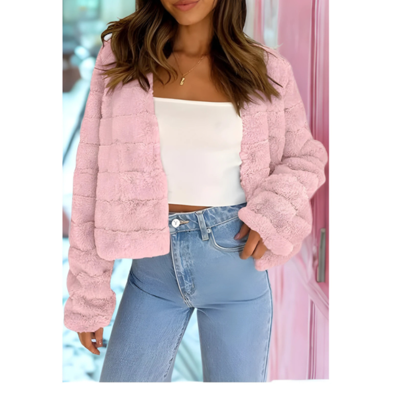 Women’s Cropped Jacket – Faux Fur – Relaxed Fit – Open Front – Long Sleeve – Textured