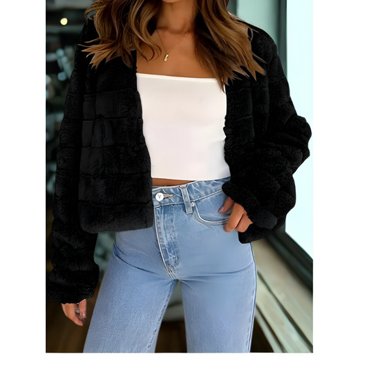 Women’s Cropped Jacket – Faux Fur – Relaxed Fit – Open Front – Long Sleeve – Textured