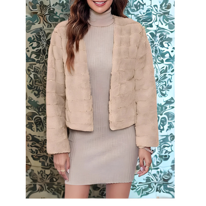 Women’s Cropped Jacket – Faux Fur – Relaxed Fit – Open Front – Long Sleeve – Textured