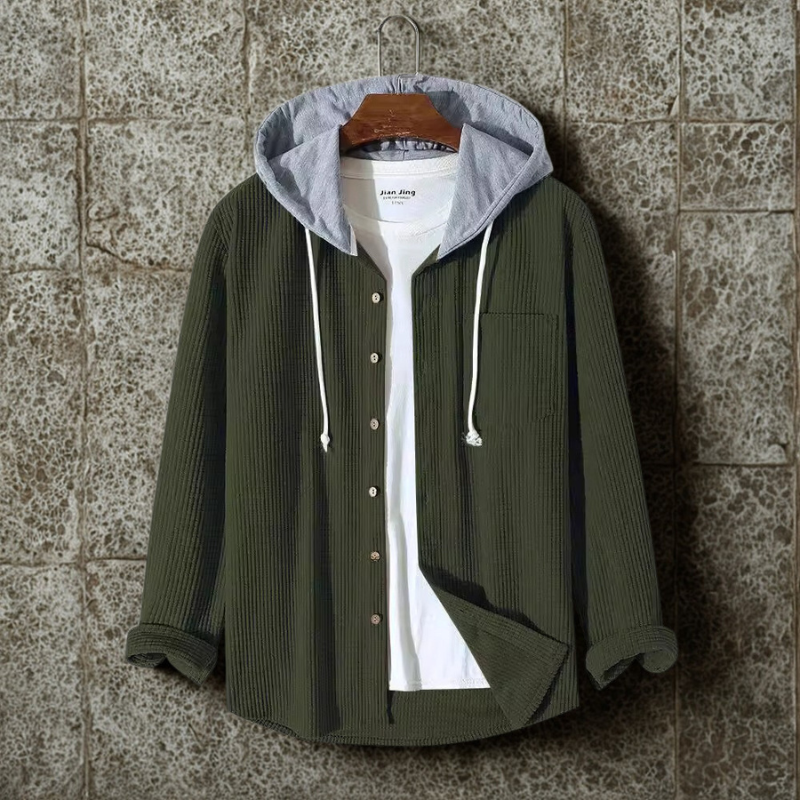 Men’s Hooded Jacket – Corduroy Fabric – Oversized Fit – Button-Up with Chest Pocket
