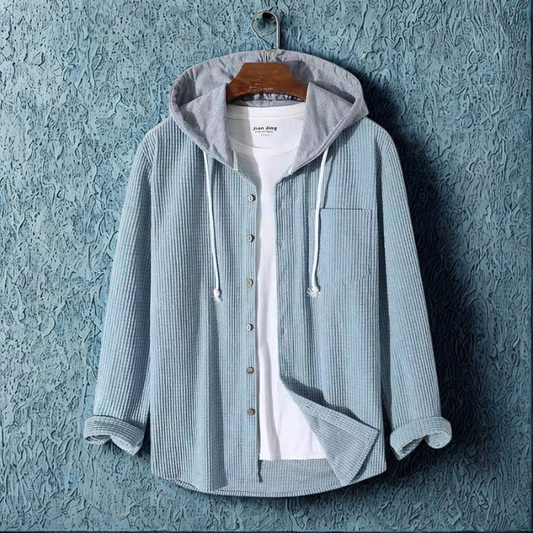 Men’s Hooded Jacket – Corduroy Fabric – Oversized Fit – Button-Up with Chest Pocket
