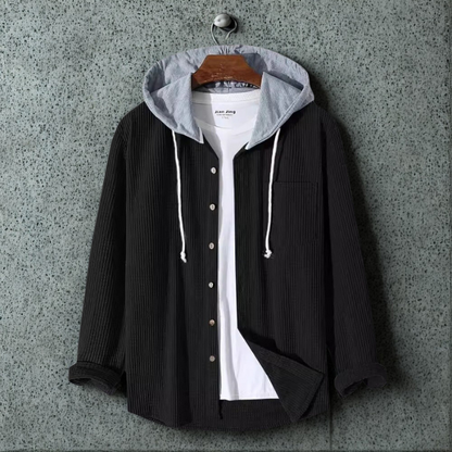 Men’s Hooded Jacket – Corduroy Fabric – Oversized Fit – Button-Up with Chest Pocket