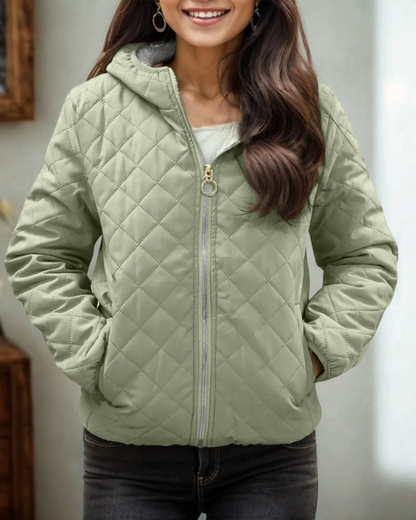 Women’s Quilted Jacket – Relaxed Fit – Diamond Stitch – Hooded – Zipper Closure
