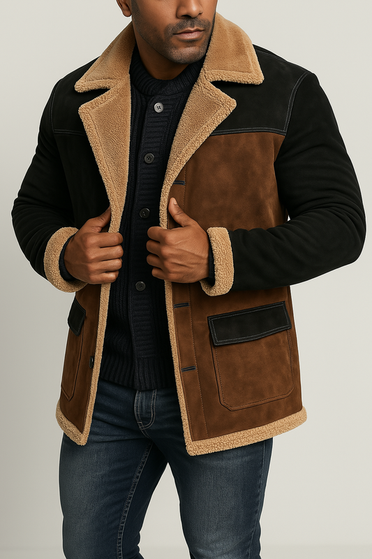 Men’s Casual Jacket – Faux Suede – Shearling Trim – Structured Fit – Notched Lapel