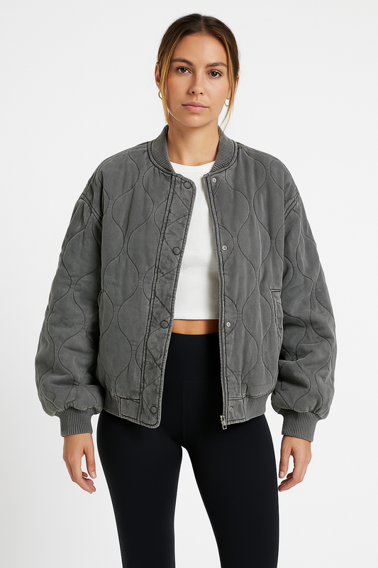 Women’s Bomber Jacket – Quilted Cotton – Oversized Fit – Ribbed Trim Zipper Front