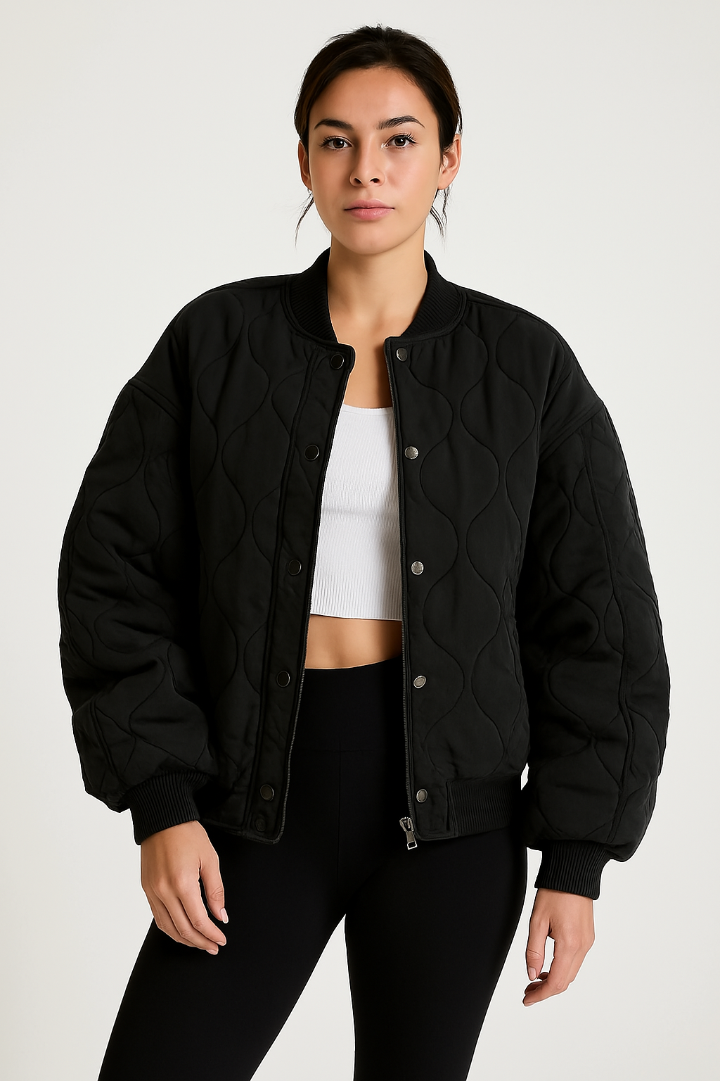 Women’s Bomber Jacket – Quilted Cotton – Oversized Fit – Ribbed Trim Zipper Front
