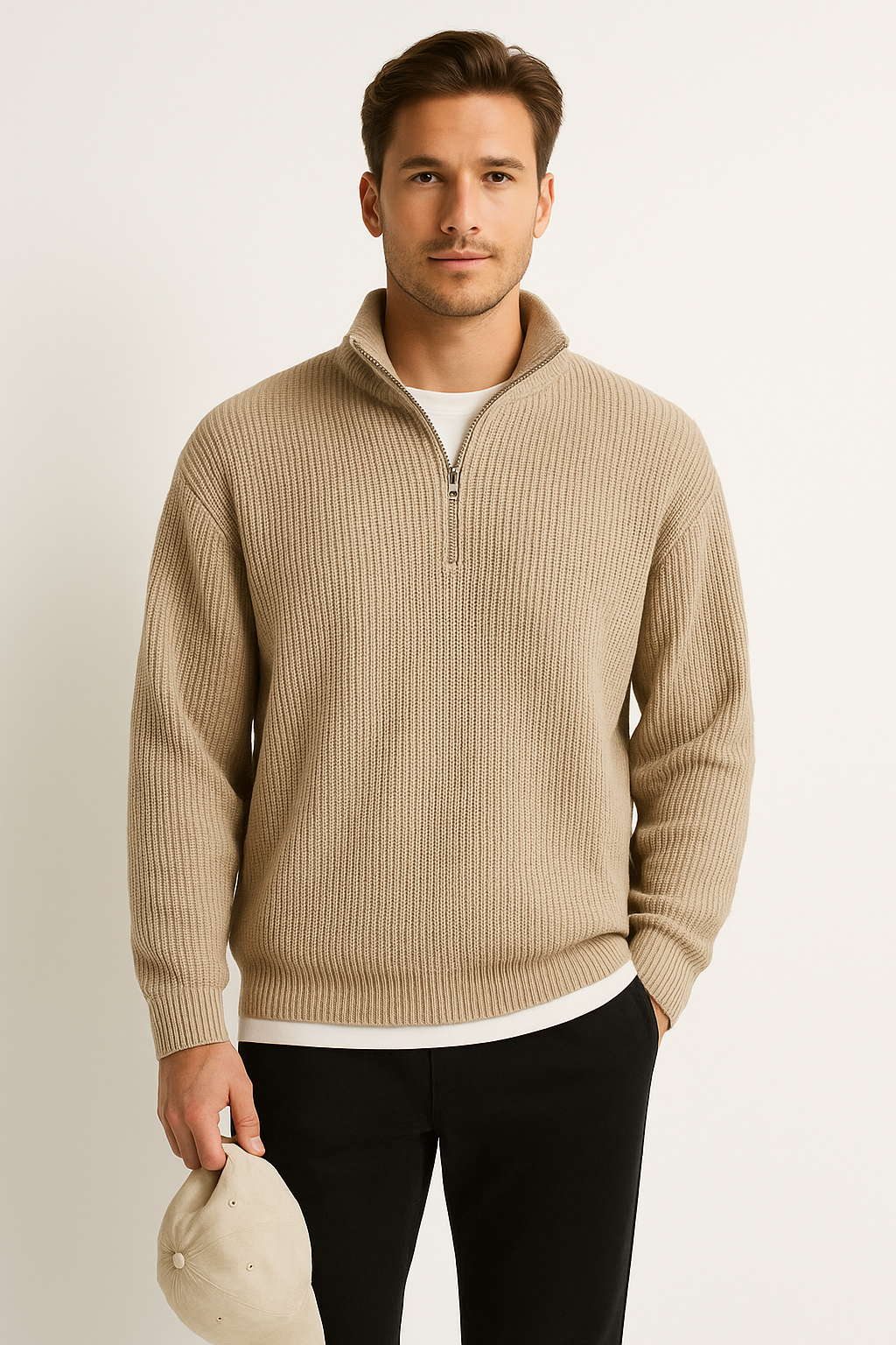Men’s Half Zip Sweater – Wool Blend – Relaxed Fit – Ribbed Knit – Mock Neck
