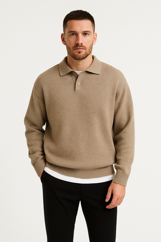 Men’s Polo Sweater – Relaxed Fit – Wool Blend – Buttoned Collar – Ribbed Trim