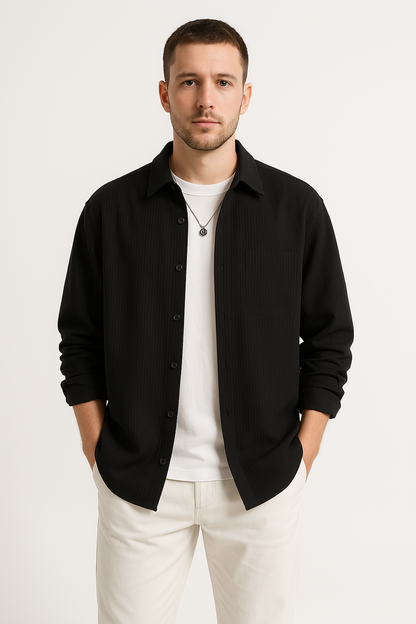 Men’s Button-Up Shirt – Waffle Knit – Oversized Fit – Long Sleeve – Casual Layer