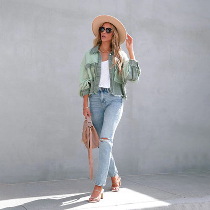 Women’s Jacket – Relaxed Fit – Waffle Knit Texture – Cropped Length – Balloon Sleeves