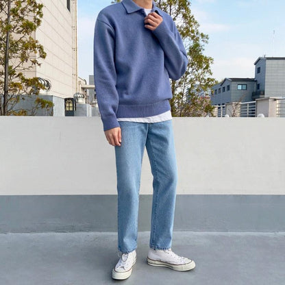 Men’s Polo Sweater – Relaxed Fit – Wool Blend – Buttoned Collar – Ribbed Trim