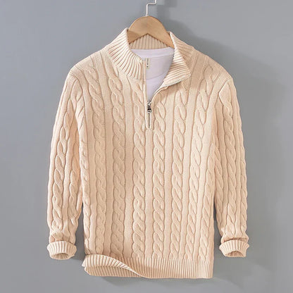 Men’s Sweater – Cable Knit – Regular Fit – Zip Collar – Soft Cotton Knit Texture
