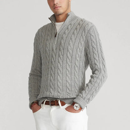 Men’s Sweater – Cable Knit – Regular Fit – Zip Collar – Soft Cotton Knit Texture