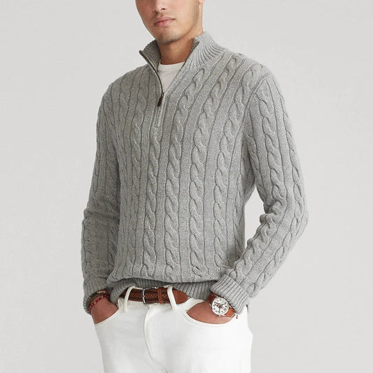 Men’s Sweater – Cable Knit – Regular Fit – Zip Collar – Soft Cotton Knit Texture