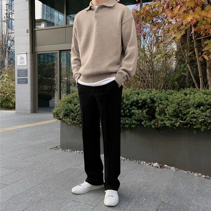 Men’s Polo Sweater – Relaxed Fit – Wool Blend – Buttoned Collar – Ribbed Trim