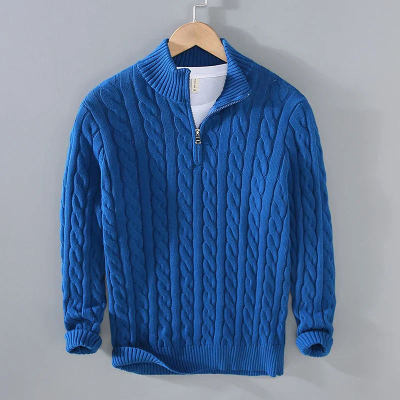 Men’s Sweater – Cable Knit – Regular Fit – Zip Collar – Soft Cotton Knit Texture