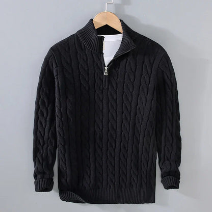 Men’s Sweater – Cable Knit – Regular Fit – Zip Collar – Soft Cotton Knit Texture