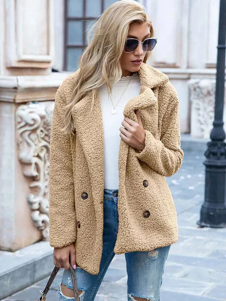 Women’s Jacket – Double-Breasted Relaxed Fit – Soft Textured Wool Feel – Notched Lapel