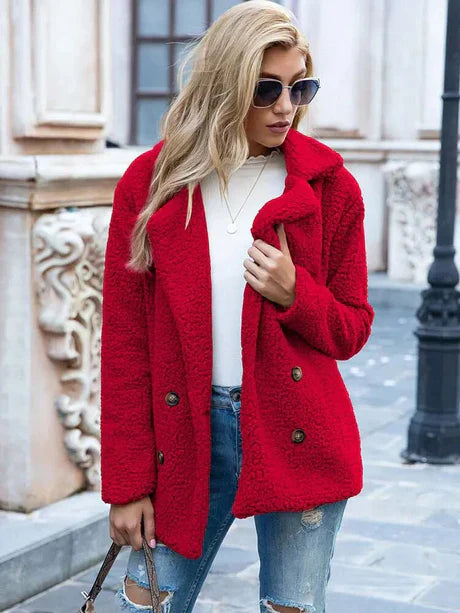 Women’s Jacket – Double-Breasted Relaxed Fit – Soft Textured Wool Feel – Notched Lapel