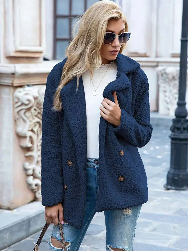 Women’s Jacket – Double-Breasted Relaxed Fit – Soft Textured Wool Feel – Notched Lapel