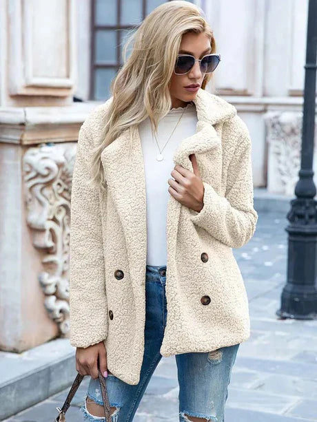 Women’s Jacket – Double-Breasted Relaxed Fit – Soft Textured Wool Feel – Notched Lapel