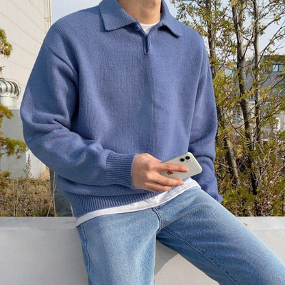 Men’s Polo Sweater – Relaxed Fit – Wool Blend – Buttoned Collar – Ribbed Trim