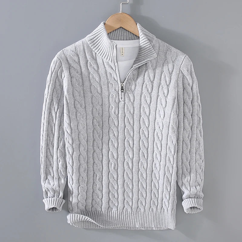 Men’s Sweater – Cable Knit – Regular Fit – Zip Collar – Soft Cotton Knit Texture