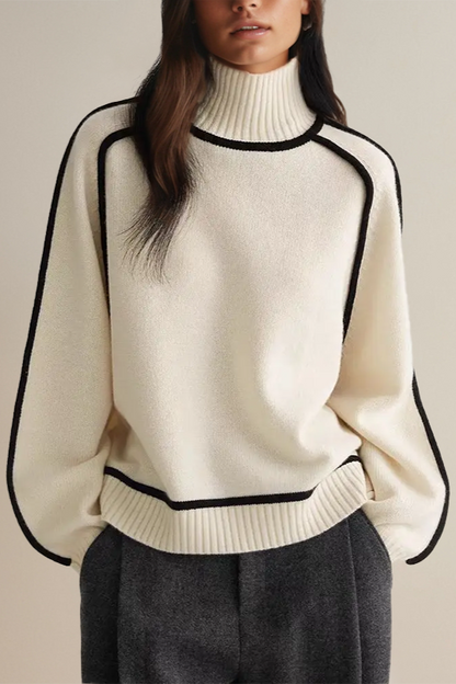 Women’s Turtleneck Top – Relaxed Fit – Soft Knit – Ribbed Trim – Contrast Piping